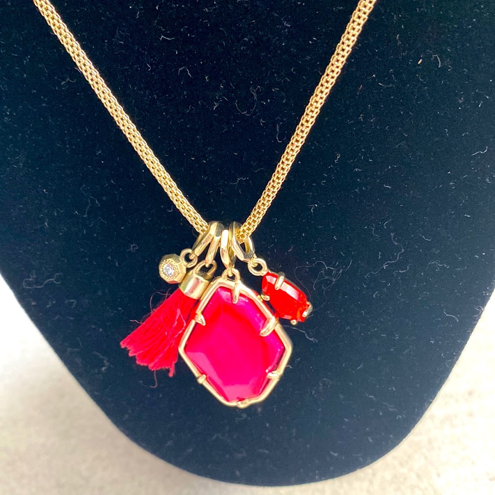 Kendra Scott Gold Necklace with Hot Pink Stone and Red Tassel Charms